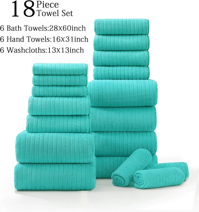 18 Piece Family Bath Towel Set Include 6 Bath Towels,6 Hand Towels and 6 Washcloths Soft Bathroom Towel with Hanging Loops,Highly Absorbent Quick Dry Towels Set for Bathroom,Hotel and Spa- Dark Cyan