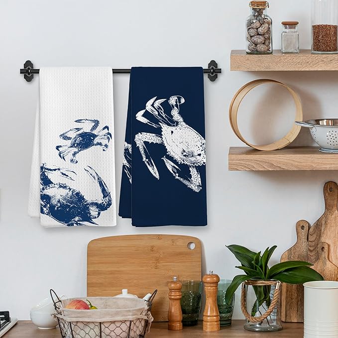 Coastal Crab Beach Decor Dish Hand Tea Towels for Bathroom Kitchen, Blue Crab Ocean Nautical Beachy Bathroom Decor, Coastal Nautical Kitchen Towels and Dishcloths Sets of 2, 16x24 Inches