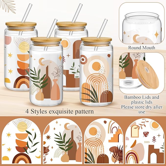 Mumufy 4 Pack Bohemian Neutral Aesthetic 16 oz Glass Cup Tumbler with Bamboo Lid & Straw, Boho Rainbow Abstract Design Iced Coffee Mugs, Gift for Women Mom Sister Mothers Day Birthday