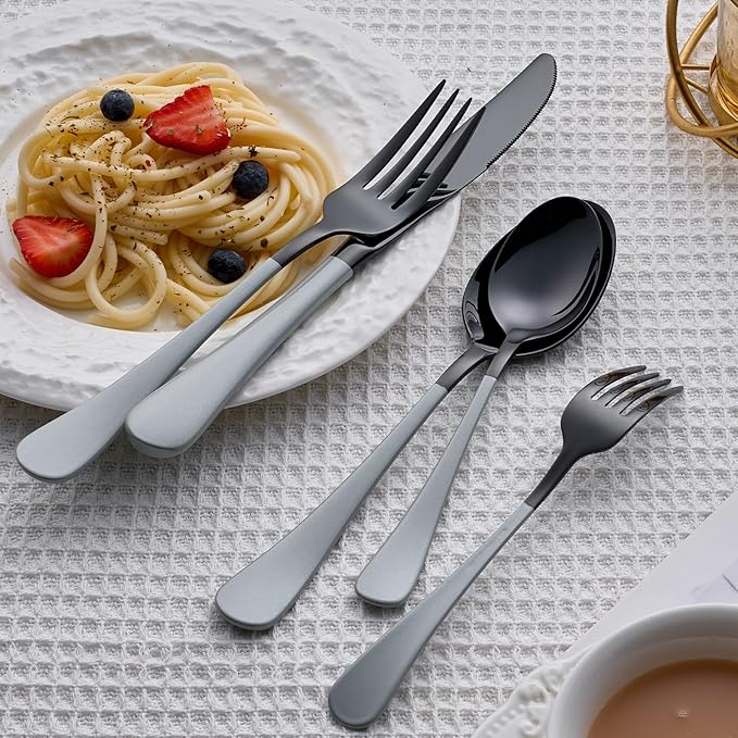 20 Piece Black gray 18/0 Flatware Utensil Set for 4, Include Dinner Knife,Dinner Forks,Dinner Spoons,Salad Forks,Teaspoons,Silverware Set for 4, Dishwasher Safe