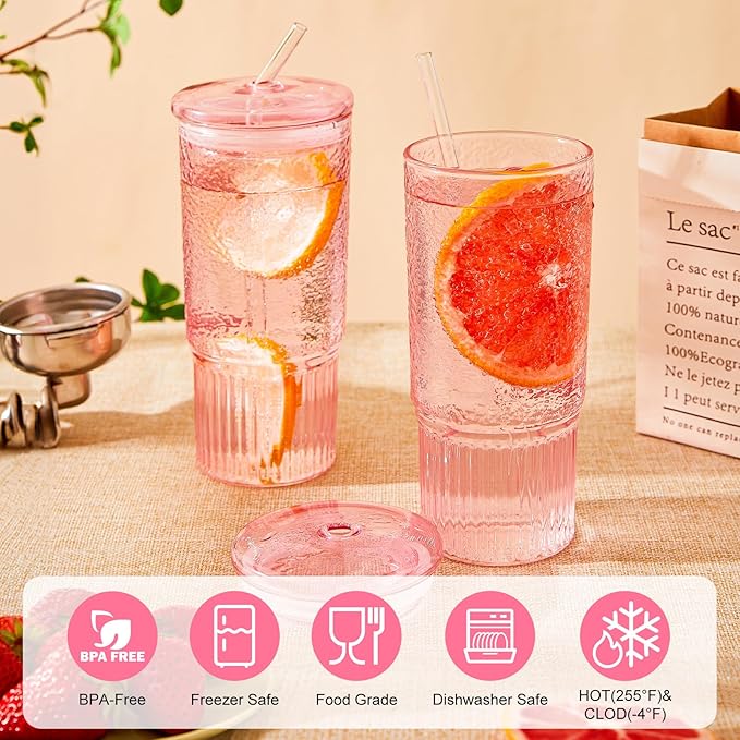 GOSCHE Glass Cups with Lids and Straws, 24oz Glass Tumbler with Straw and Lid, Iced Coffee Cups with Handle for Smoothie Juice Water Tea, Pink, 2 Pack