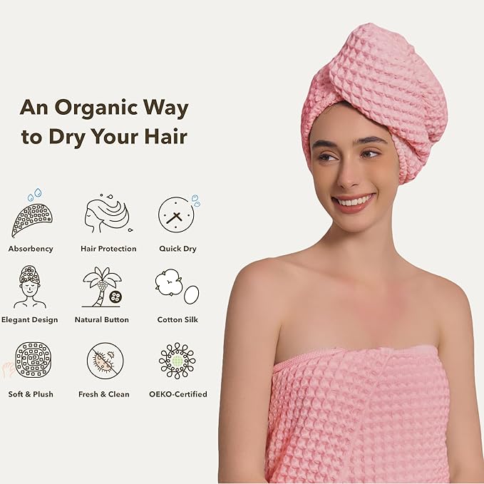 100% Organic Cotton Hair Drying Waffle Towel Wrap for Women | Absorbent & Quick Dry Head Turban for Wet Hair in Shower Sauna Spa, Extra Large for Long Straight Curly Plopping Button (Pink, 1 PACK)