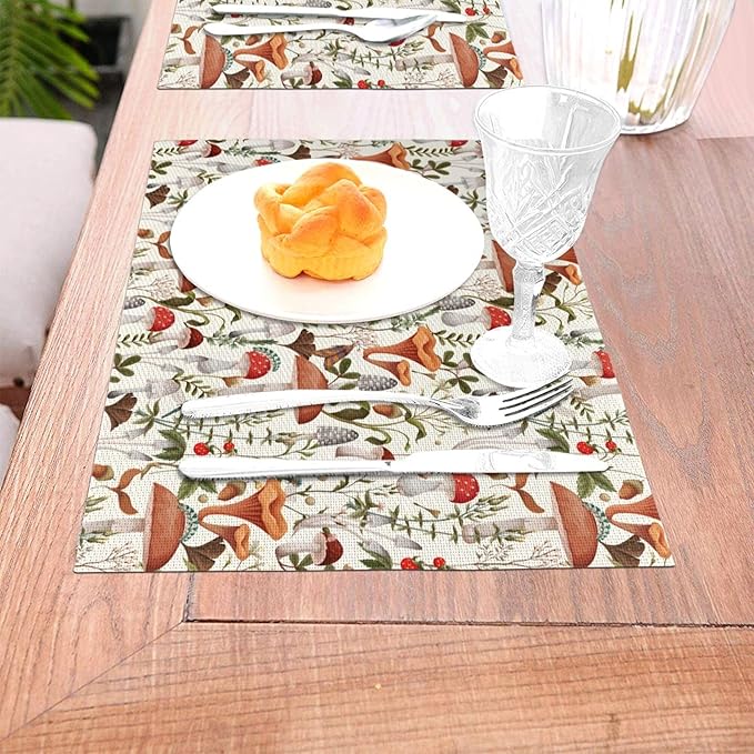 Boho Mushroom Decor Placemats Set of 4, Botanic Plant Beige Table Mats Heat Resistant Washable Placemat for Kitchen Dining Table Cute Placemats Linen 12x18 Inch