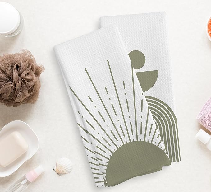 Boho Abstract Sage Green Sun Sunrise Sunshine Rainbow Geometric Shapes Kitchen Towels and Dishcloths Sets of 2,Boho Absorbent Drying Cloth Hand Towels Tea Towels for Bathroom Kitchen,16×24 inches