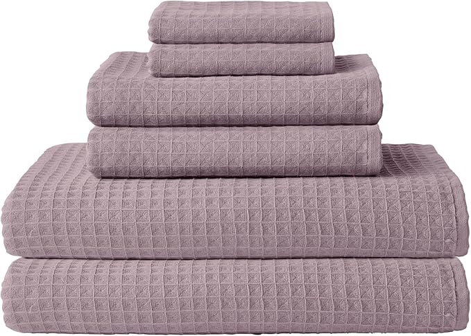 UCHINO Waffle Twist Cotton Weave Towel Set for Bathroom – 2 Bath, 2 Hand, 2 Washcloths, Lightweight Absorbent Quick Dry Honeycomb Texture Solid Terry Loop Reverse, 6 Piece, Orchid