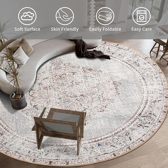 Easy-Going Round Rug 6ft Area Rug Washable Boho Circle Rugs for Living Room Non-Slip Bedroom Rug Low Pile Lightweight Vintage Distressed Throw Rug for Dining Room Kitchen Home Office, Grey Brick