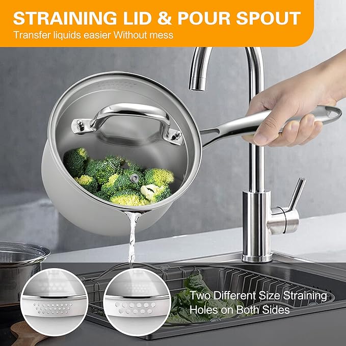 Cyrosa 3.5 Quart Stainless Steel Saucepan with Strainer Lid, Sauce Pot Sauce Pan for Stove Top, Two Side Spouts for Easy Pour, Dishwasher Safe