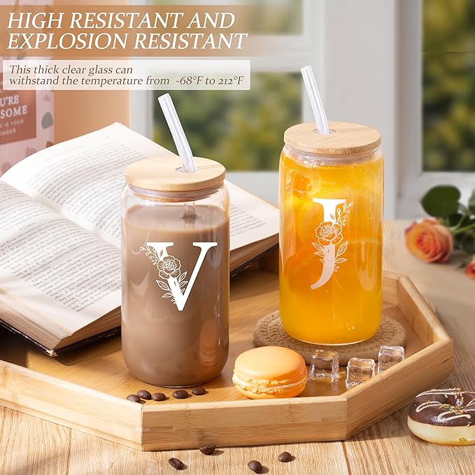 Personalized Gifts for Women, Monogrammed Gifts for Women, Initial 16 oz Glass Cups With Lids and Straws, Customized Mug, Personalized Birthday Gifts Christmas Gifts for Her Mom Friend Woman, V