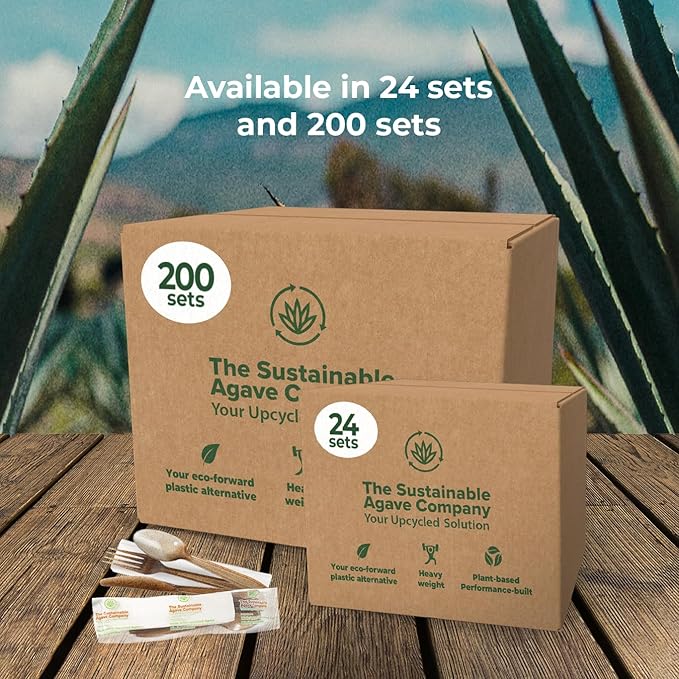 Sustainable Agave Co - Agave Fiber Cutlery Set - 24 Biofilm Wrapped Sets / 72 pcs - Plant-Based, Made With Upcycled Materials - Bulk Brown Forks, Knives Spoons & Napkin Variety Pack