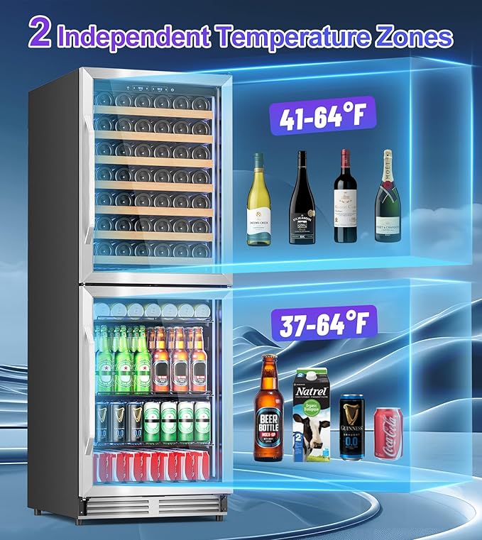 Wine Beverage Refrigerator with Double-Layer Temperature Zone, 24'' Large Capacity Built-in & Freestanding Wine Cooler Fridge for 154 Bottles, Wine and Beverage Fridge Combo for Home Kitchen Outdoor