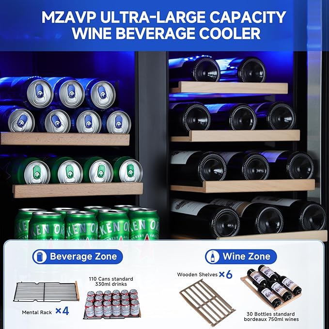 30 Inch Wine and Beverage Refrigerator, Dual Zone Wine Fridge 30", Beverage Cooler Under Counter or Freestanding 30" Wine Beer Fridge with Upgraded Cooling, Holds 30 Bottles and 110 Cans, Black