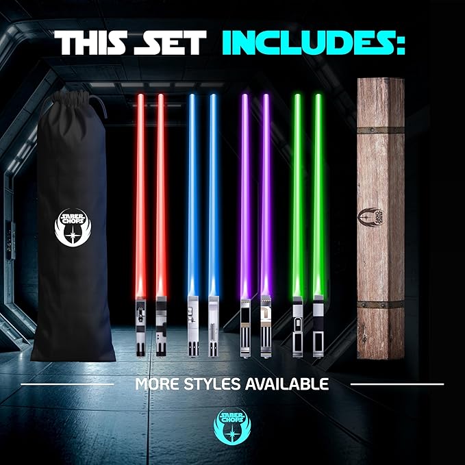 LIGHTSABER CHOPSTICKS LIGHT UP STAR WAR CHOPSTICK LED Glowing Light Saber Chop Sticks REUSABLE Sushi Sabers Cool Fun Geeky STARWAR Chop Stick Set Darth Red Green Blue Purple | 4 Pairs CASE GIFT BOX