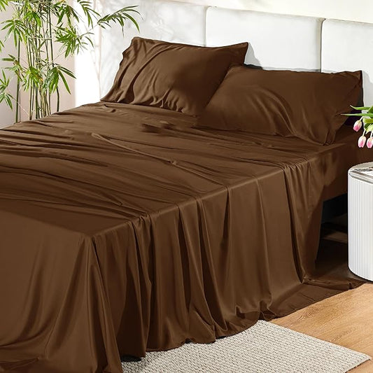 Bedsure California King Sheet Sets, Cooling Sheets for Hot Sleepers, Rayon Derived from Bamboo, Breathable & Soft, Deep Pocket Up to 16 Inches, Hotel Luxury Silky Bedding, Brown