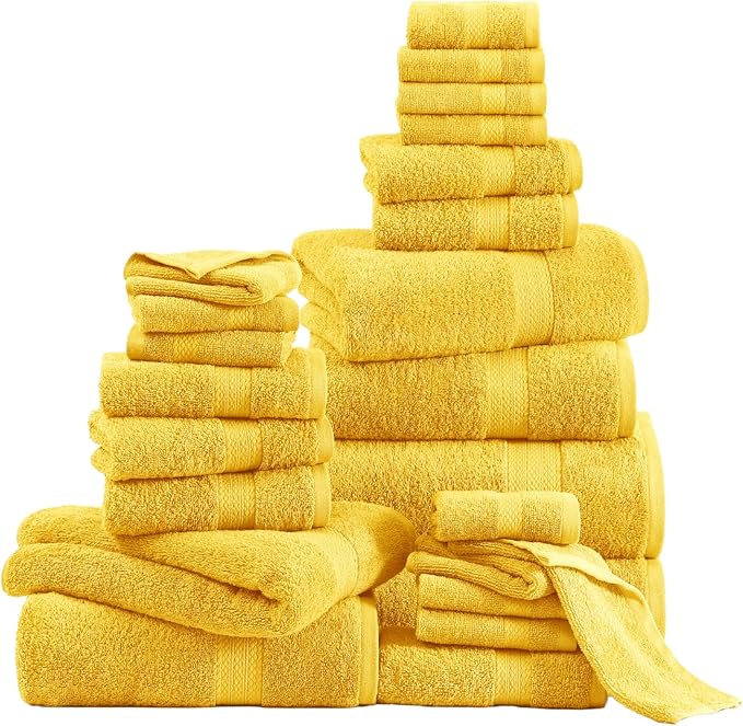 LANE LINEN 100% Cotton Bath Towels Set - 24 PCs - Durable, Quick Dry, Soft & Highly Absorbent - 4 Bath, 4 Fingertip, 6 Hand Towel, 8 Washcloths, 2 Bath Sheets - Remains Fluffy After Washing - Mimosa