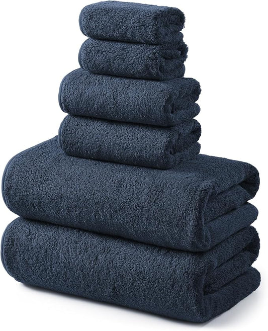 REDKISS 6-Piece Bath Towel Set, Ultra-Plush & Highly Absorbent 100% Cotton Towels for Bathroom, Navy Blue Set Includes 2 Bath Towels, 2 Hand Towels, 2 Washcloths