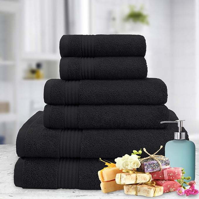 American Veteran Towel, 6 Piece Towel Set for Bathroom, 100% Cotton Turkish Bathroom Towels, 2 Bath Towels 2 Hand Towels 2 Washcloths, Black