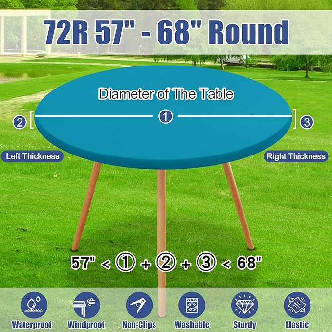 Round Spandex Tablecloth, Elastic Fitted Waterproof Tablecloths for 57"-68" Tables, Stretch Washable Picnic Table Cover for Camping, Dining, Indoor and Outdoor, Turquoise
