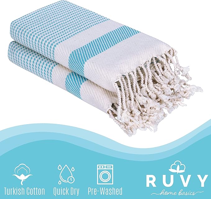 Ruvy Home Basics Turkish Hand Towels for Bathroom Set of 2 | 18"x40", Cotton | Decorative Towel for Bathroom, Kitchen, Dishcloth, Tea, Yoga, Face, Gym - Turquoise