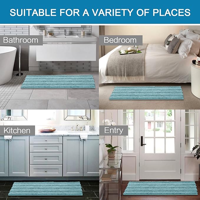 H.VERSAILTEX Bathroom Rugs Bath Mats Sets Super Absorbent Chenille Striped Bath Mats Non Skid Machine Wash Dry Rugs for Bathroom Floor Set of 2(Aqua Haze, 47 x 17 Plus 17 x 24 - Inches)