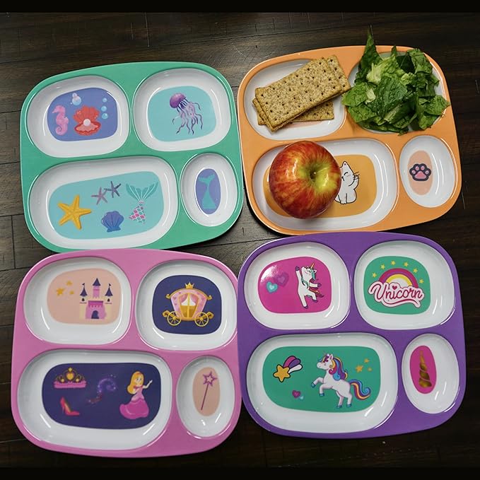 4E's Novelty 4 Melamine Dinner Plate for Kids Girls, Plastic Mealtime Divided Plates, Dinnerware Dishes Set For Toddlers Picky Eaters, BPA Free, Princess, Unicorn, Sea Life, Cat