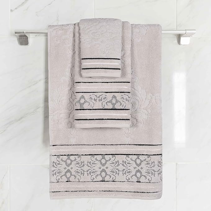 Superior Cotton 3 Piece Towel Set, Includes 1 Bath, 1 Hand, 1 Washcloth/Face Towel, Quick Dry, Home Essentials, Shower, Spa, Luxury Plush Soft Absorbent Towels, Zero Twist, Jacquard Floral, Platinum