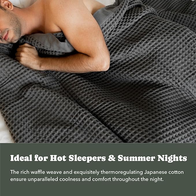 Luxury Organic Japanese Cotton Waffle Towelket Throw Blanket Bedspread for All Sleepers | Soft, Breathable and Thermoregulating (Smoke Grey, 67''x91'')