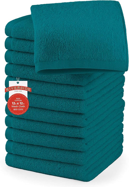 RIVERSIDE 12 Pack Washcloths - 12x12 Inches, 400 GSM, 100% Ring-Spun Cotton - Soft, Absorbent & Durable Face and Body Towels - for Bathroom, Spa, Gym, Makeup Removal & Everyday Use - Teal