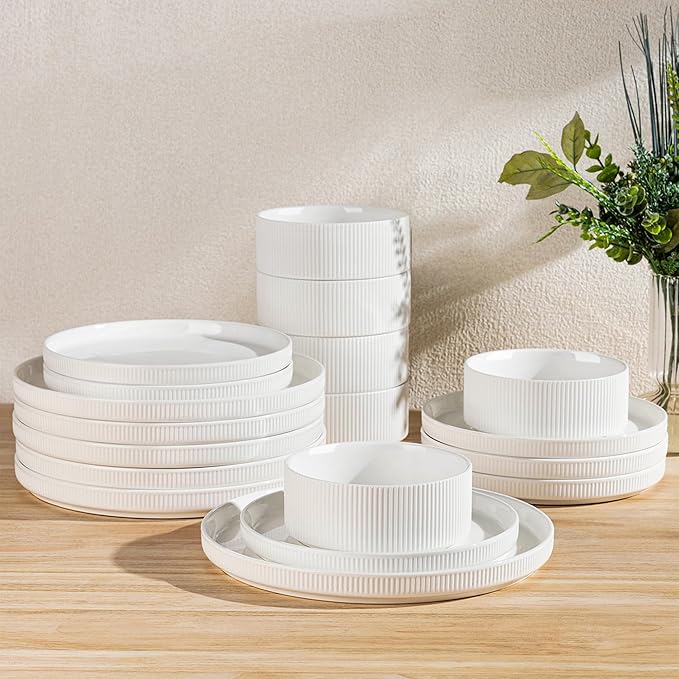 TheTerra Ceramic Dinnerware Sets for 6, 18 Pieces Porcelain Lightweight Plates and Bowls Sets, Scratch Resistant Dish Set, Oven & Microwave & Dishwasher Safe, Bright White