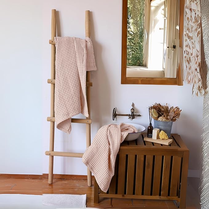 2-Piece Waffle Towels Set for Bathroom Pink - Soft 100% Turkish Cotton Quick-Dry Lint-Free Waffle Weave Thin Bath and Hand Towels (Light Pink, Set of 2 Mix Towels)
