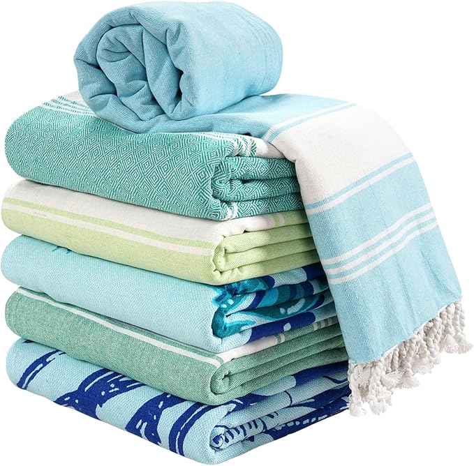 LANE LINEN Turkish Beach Towels Set of 6, Oversized Beach Towel, Lightweight Beach Essentials for Women, Large Pool Towel, Absorbent & Quick Dry, Sand Free Beach Towel, 39"x71" - Tropical Breeze