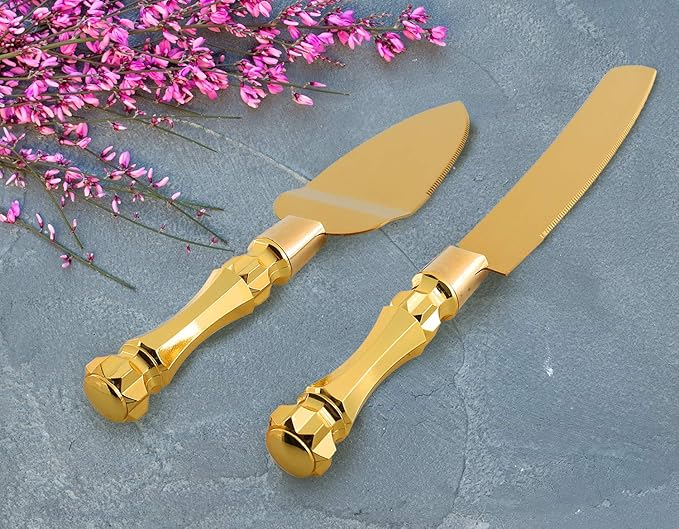 Homi styles Gold Elegant Cake Knife and Server Set, Cake Server and Knife Set of 2 with 420 Stainless Steel Plated Thick Blades, Cake Cutting Set for Wedding, Birthdays, Anniversaries, and Parties