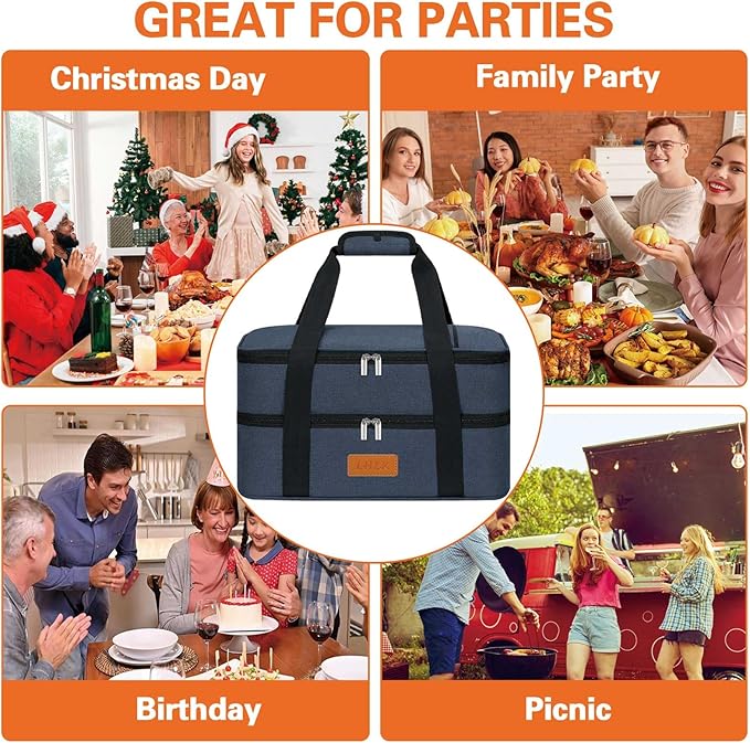 LHZK Double Insulated Casserole Carrier for Hot or Cold Food, Lasagna Holder Tote for Potluck Parties, Beach, Picnic, Travel, Fits 11x15 or 9x13 Dish (Blue)