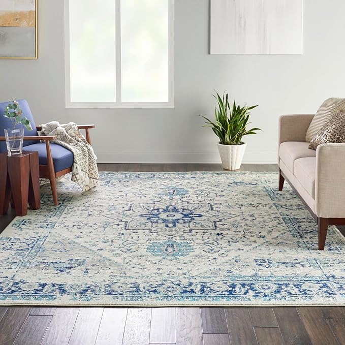 Nourison Home Tranquil Ivory/Light Blue 7' x 10' Area Rug - Easy Clean, Non Shedding, Bed Room, Living Room, Dining Room, Kitchen (7' x 10')