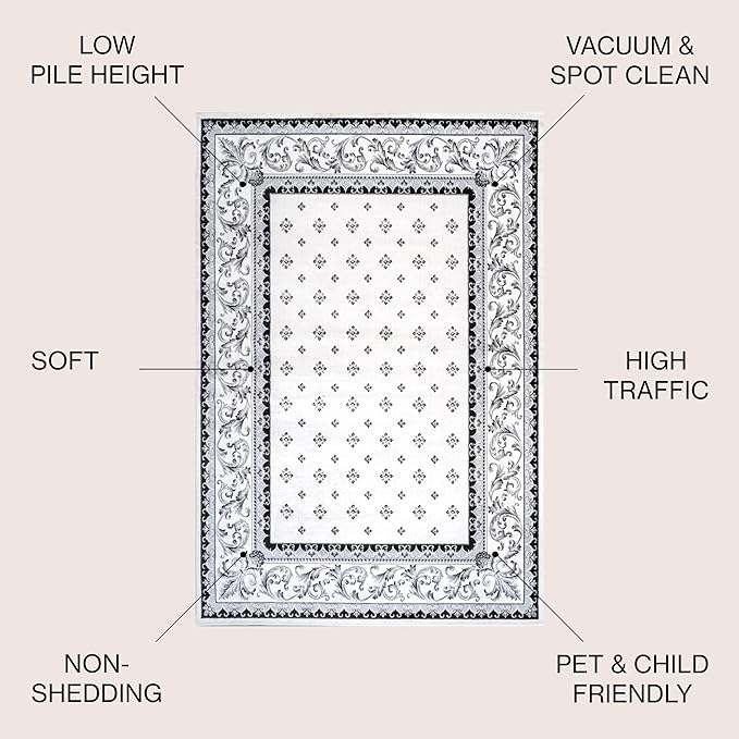 JONATHAN Y Acanthus French Border Cream/Light Gray Indoor Area Rug, 4x6, Vintage, Bohemian, Easy-Cleaning for Living Room, Bedroom, Kitchen, Pet Friendly, Non-Shedding (MDP504B-4)