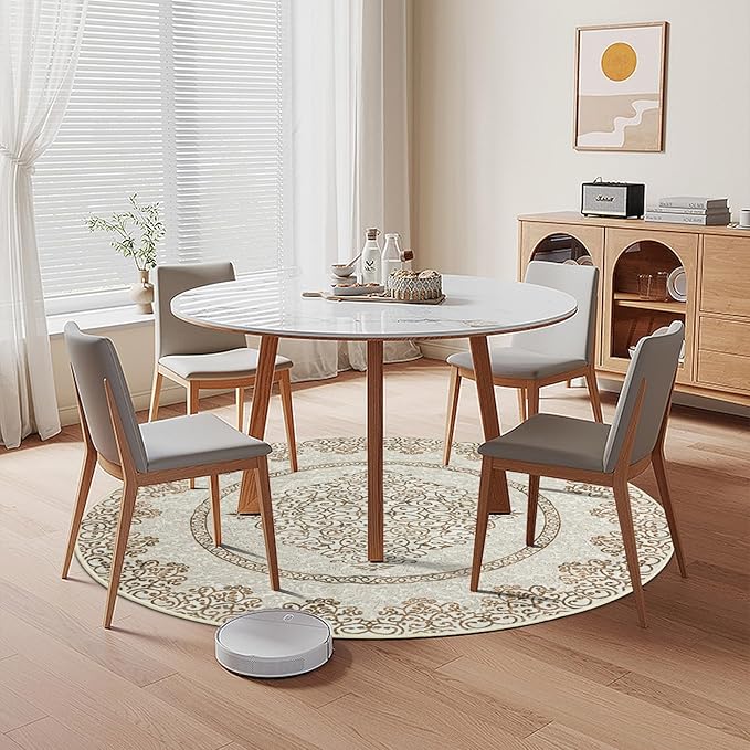 Easy-Going Round Rug 5ft Area Rug Washable Boho Neutral Circle Rugs for Living Room Non-Slip Bedroom Rug Low Pile Lightweight Floral Brown Print Vintage Throw Rug for Dining Room Kitchen Home Office