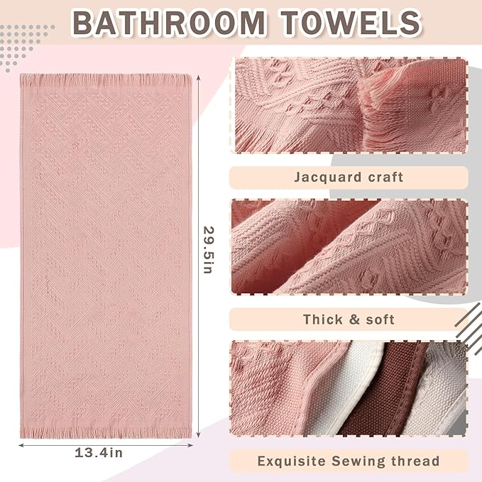 4 Pack Boho Bathroom Hand Towel 14 x 30 Inch 100% Turkish Cotton Decorative Boho Kitchen Hand Towel Farmhouse Bathroom Decor Set Absorbent Soft Guest Tea Gift(Beige, Gray, Curry, Pink)