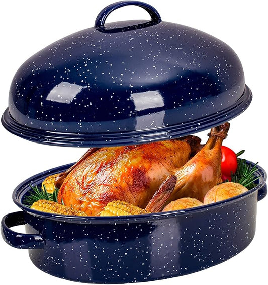 Roasting Pan with Lid and Rack 18" Deep Large Oval Enamel Roaster Pan, Oven Dishwasher Safe Non-Stick Non-Toxic Roast Pot for Turkey Steak Roasts & Bread, Wife's Christmas Gift