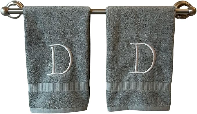 Gray Initial Hand Towel for Bathroom - Monogrammed Luxury Hotel Quality Decorative Embroidered Towel for Powder Room, Spa - GOTS Organic Certified - Set of 2 Silver Letter D