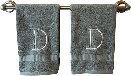 Gray Initial Hand Towel for Bathroom - Monogrammed Luxury Hotel Quality Decorative Embroidered Towel for Powder Room, Spa - GOTS Organic Certified - Set of 2 Silver Letter D