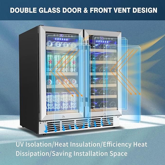30 Inch Wine and Beverage Refrigerator, Dual Zone Wine Fridge with Quiet & Upgraded Cooling System, Large Capacity Beverage Cooler, Built-In or Freestanding, Holds 30 Bottles and 110 Cans