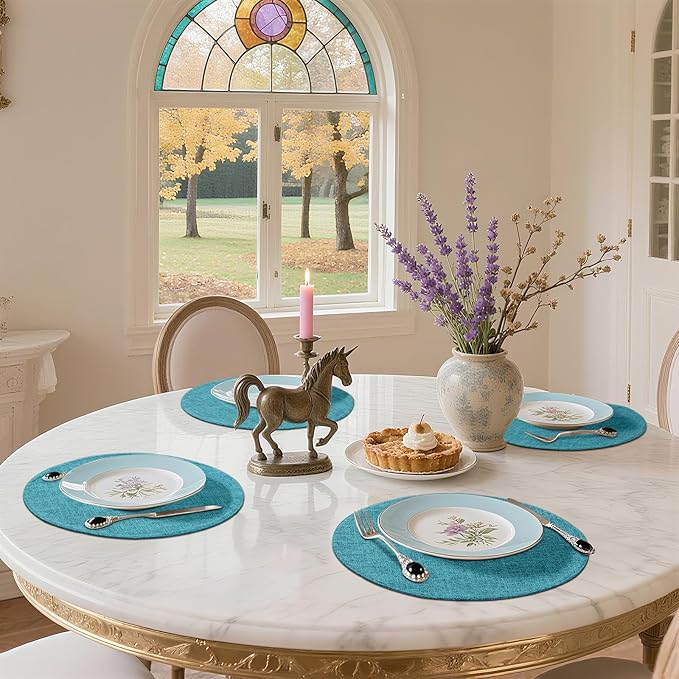 homing 15 Inch Round Cloth Placemats Set of 6, Cotton Linen Blend Washable Table Mats, Farmhouse Dining Place Mats for Indoors & Outdoors, Easy to Clean, Teal