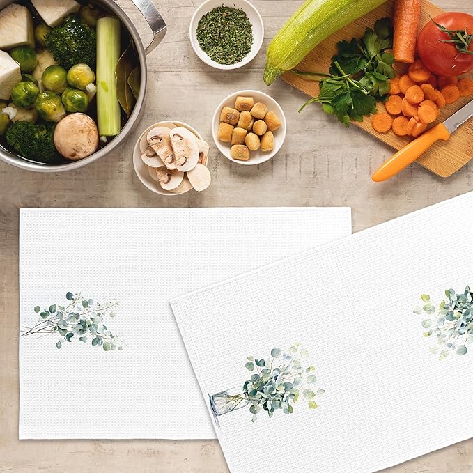 Sage Green Eucalyptus Botanical Kitchen Towels Set of 2, Watercolor Eucalyptus Bathroom Decor, Sage Green Kitchen Decor Hand Towel, Leaves Tea Towel Dish Towels 16x24 Inch