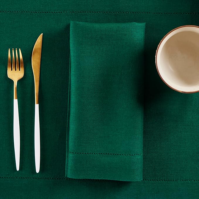 Solino Home Linen Cloth Napkins Set of 4-100% Pure Linen Evergreen Dinner Napkins 20 x 20 Inch - Medium Weight Hemstitch, Handcrafted and Machine Washable