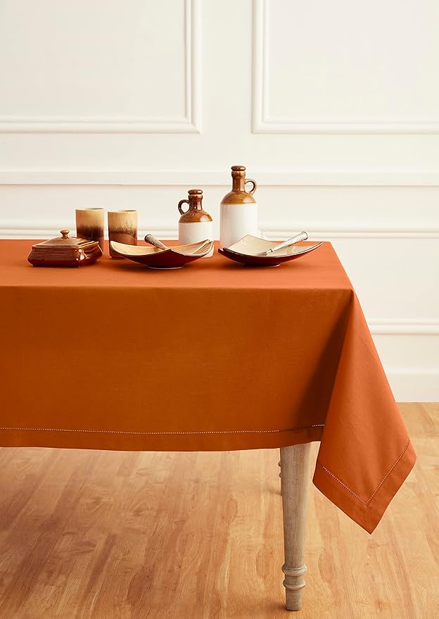 Solino Home Cotton Linen Tablecloth 58 x 84 Inch - Hemstitch Cinnamon Table Cloth for Rectangle Tables - Machine Washable Tablecloth