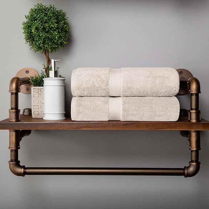 Superior Egyptian Cotton Pile Bath Towel Set of 2, Ultra Soft Luxury Towels, Thick Plush Essentials, Absorbent Heavyweight, Guest Bath, Hotel, Spa, Home Bathroom, Shower Basics, Stone