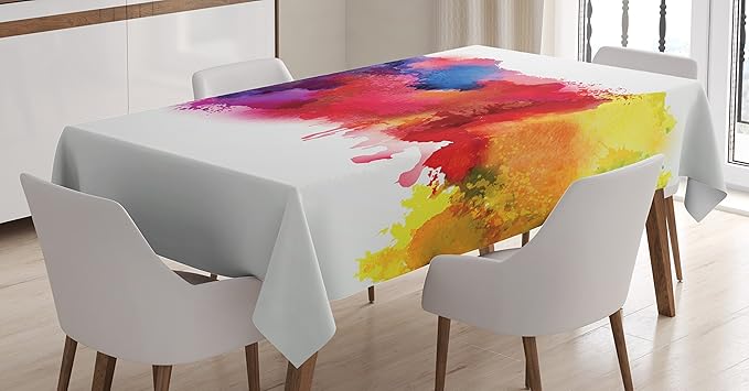 Ambesonne Abstract Tablecloth, Vibrant Stains of Watercolor Paint Splatters Brushstrokes Dripping Liquid Art, Rectangular Table Cover for Dining Room Kitchen Decor, 60" X 84", Yellow Blue