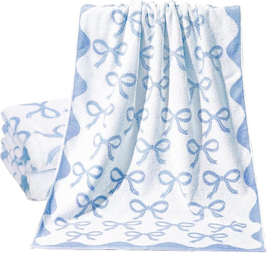 2 Pcs Blue Bow Bathroom Towels 100% Cotton Coquette Bow Bath Towels 28 x 55 Inch Absorbent Soft Preppy Bathroom Decor for Spa Gym Kitchen Women Gifts