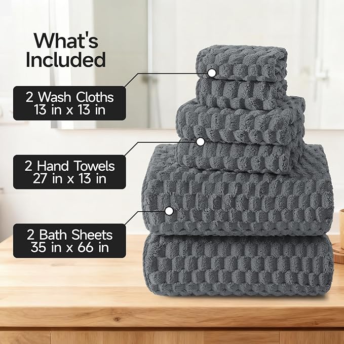 REDKISS Gray Bath Towel Sets XL - 35"x70" Extra Large Bathroom Towels of 6, Super Soft Oversized Bath Sheets for Adults, Waffle Microfiber Baths Towels Set, Luxury Shower Towel for Bathroom Hotel