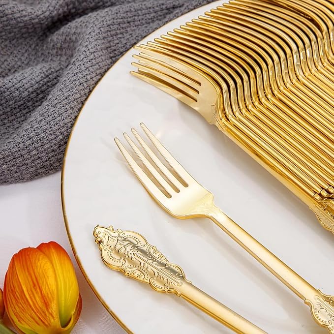 WDF 100 Piece Gold Forks Disposable - 7.48 Inch Gold Plastic Forks - Baroque Plastic Silverware for Dessert Cake - Heavy Duty Thanksgiving for Party, Wedding or Daily Using