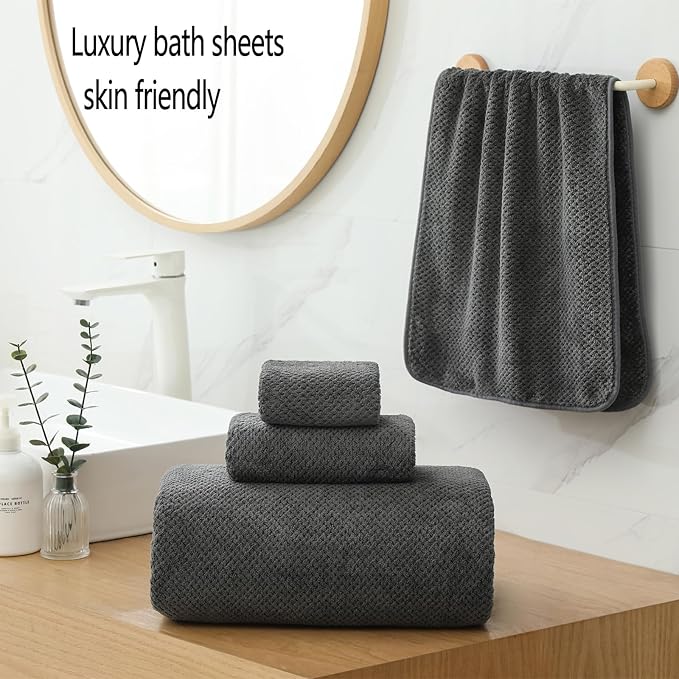 YTYC 29x59 Inch Extra Large Bath Towels Set of 6 Quick Dry Super Soft Microfiber Towels for Bathroom 80% Polyester (Charcoal Grey, 6 Piece)